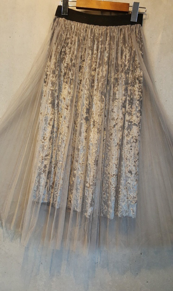 Mesh velvet Pleated bands Long skirt Vintage style
