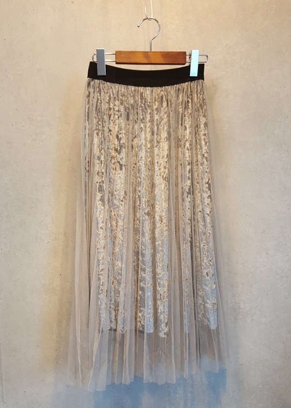 Mesh velvet Pleated bands Long skirt Vintage style