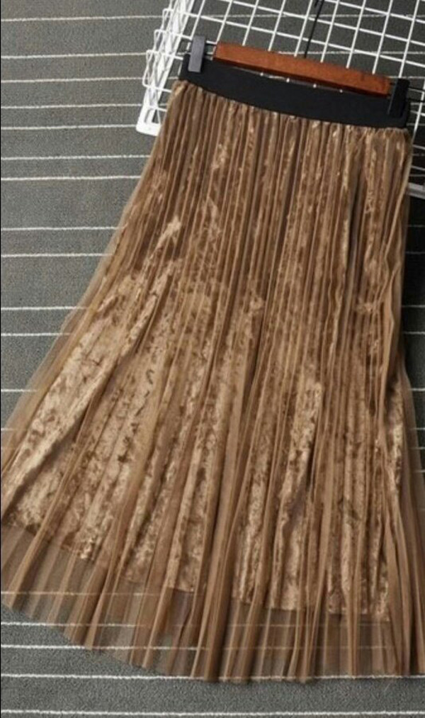 Mesh velvet Pleated bands Long skirt Vintage style