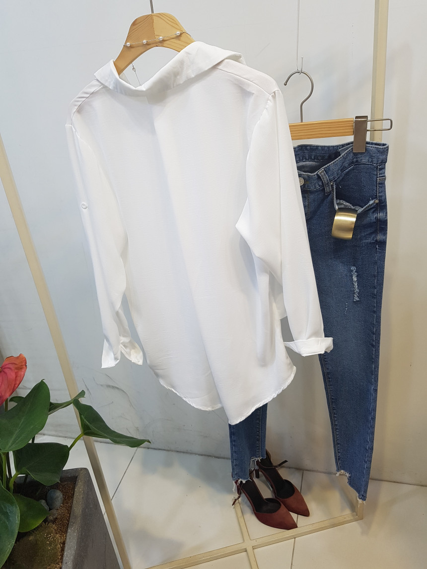 Half Open Tick Button White Shirt