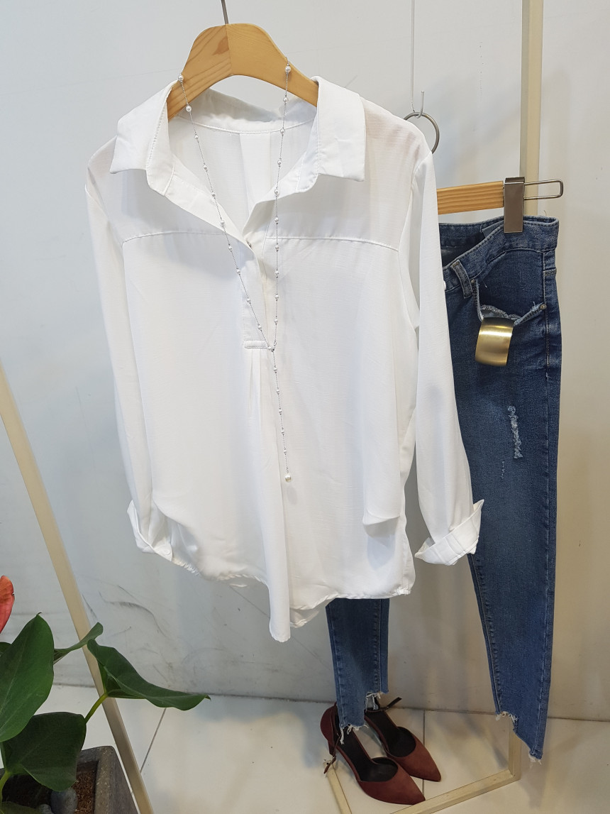 Half Open Tick Button White Shirt