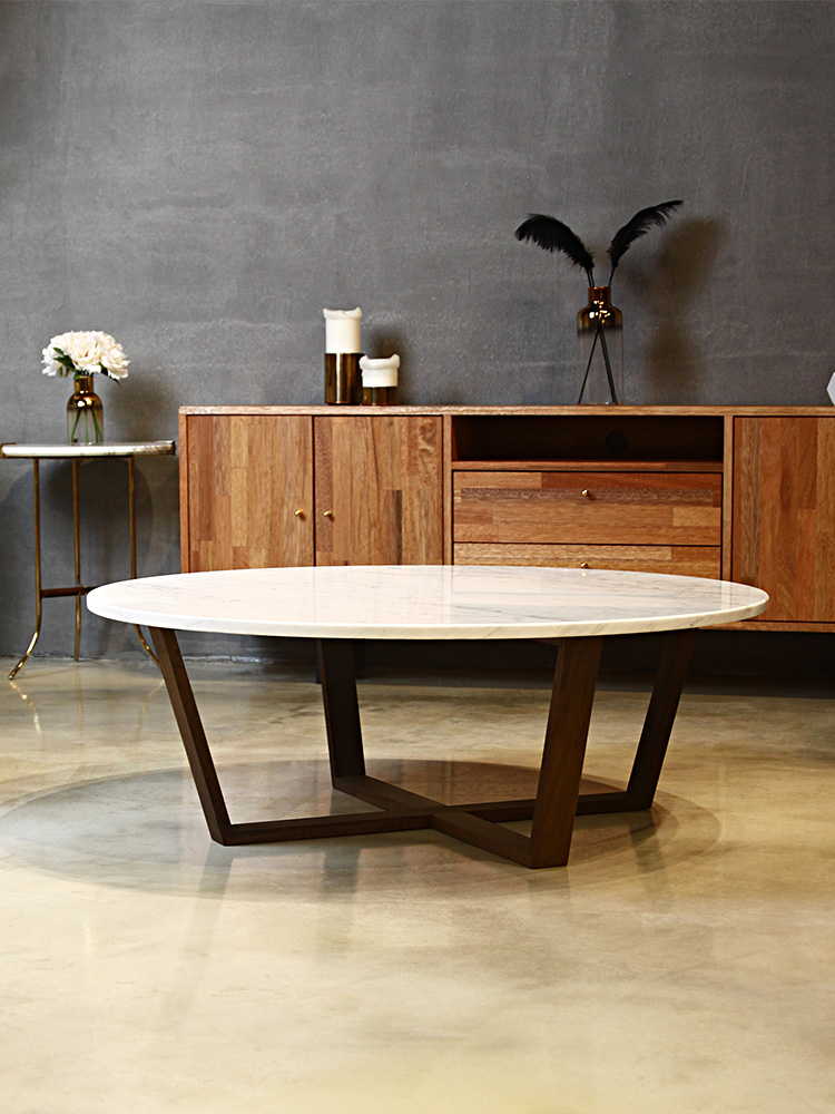 이태리 천연 대리석 월넛 원목 원형 거실 소파 테이블 600 / 비앙코카라라 CL087