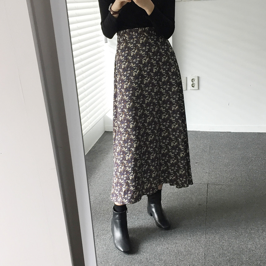 Flower pattern long skirt vintage turn skirt flare