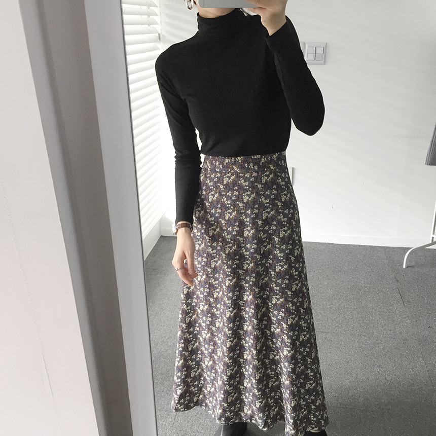Flower pattern long skirt vintage turn skirt flare