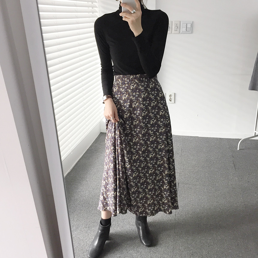 Flower pattern long skirt vintage turn skirt flare