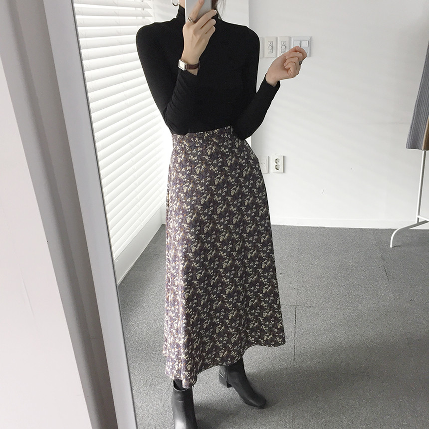 Flower pattern long skirt vintage turn skirt flare