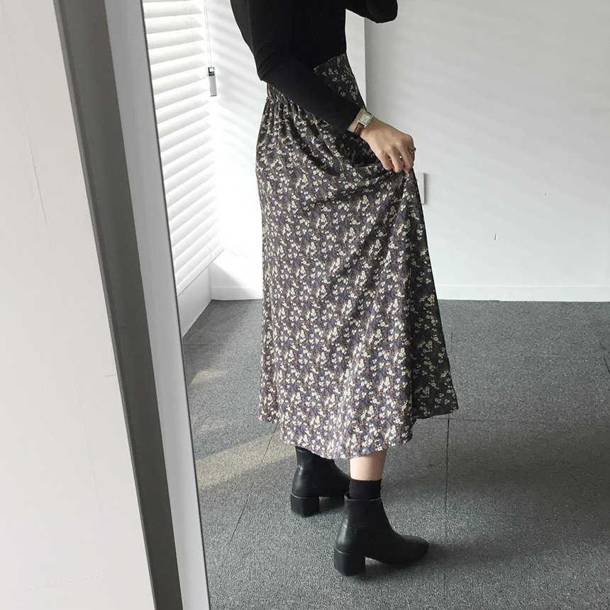 Flower pattern long skirt vintage turn skirt flare