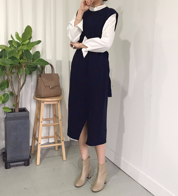 din Dean Round Neck Slit Long Knit Dress Natural F