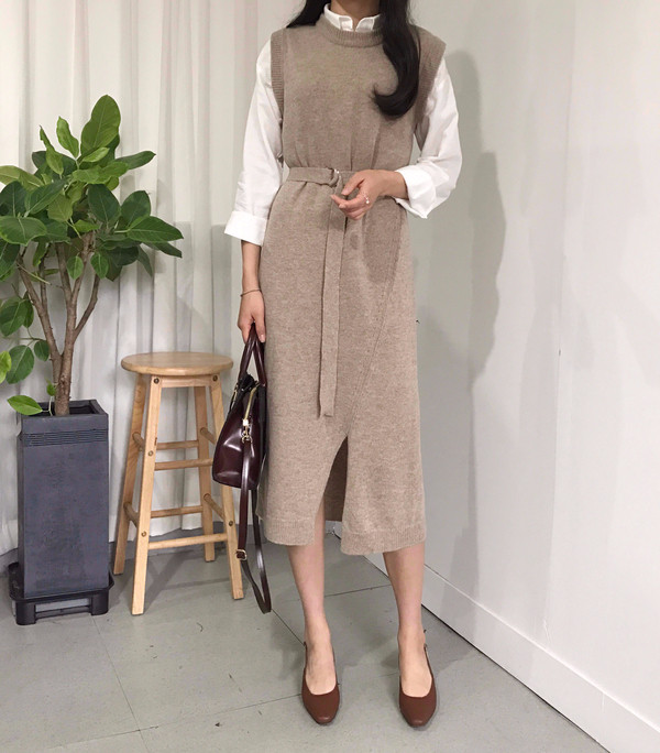 din Dean Round Neck Slit Long Knit Dress Natural F