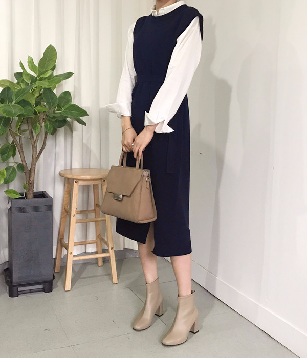 din Dean Round Neck Slit Long Knit Dress Natural F