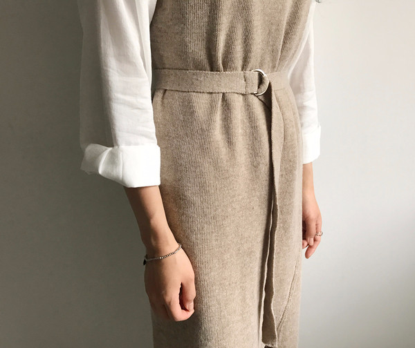 din Dean Round Neck Slit Long Knit Dress Natural F