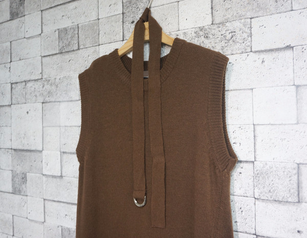 din Dean Round Neck Slit Long Knit Dress Natural F