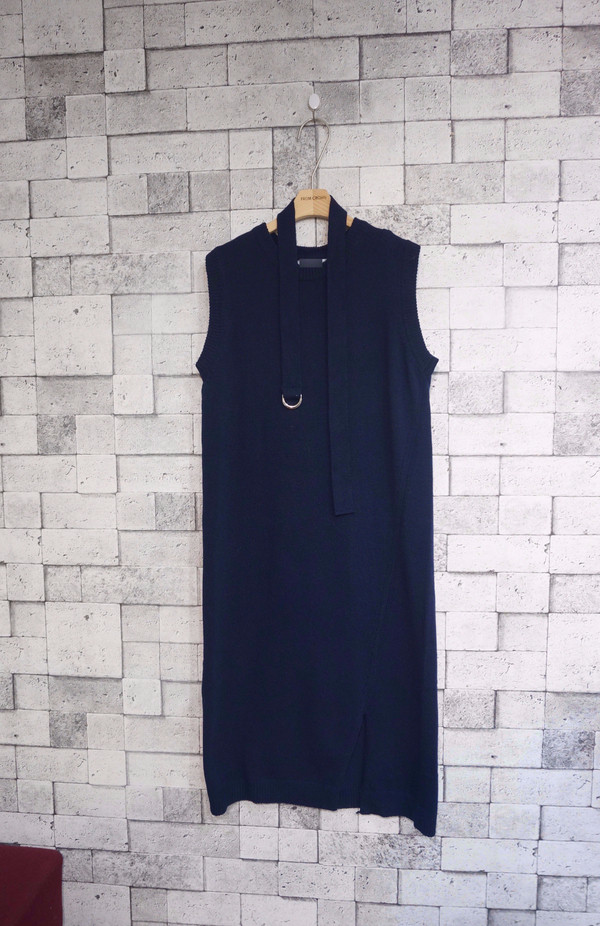 din Dean Round Neck Slit Long Knit Dress Natural F