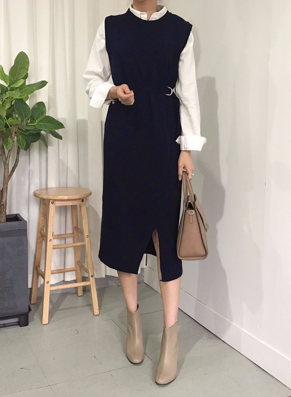 din Dean Round Neck Slit Long Knit Dress Natural F