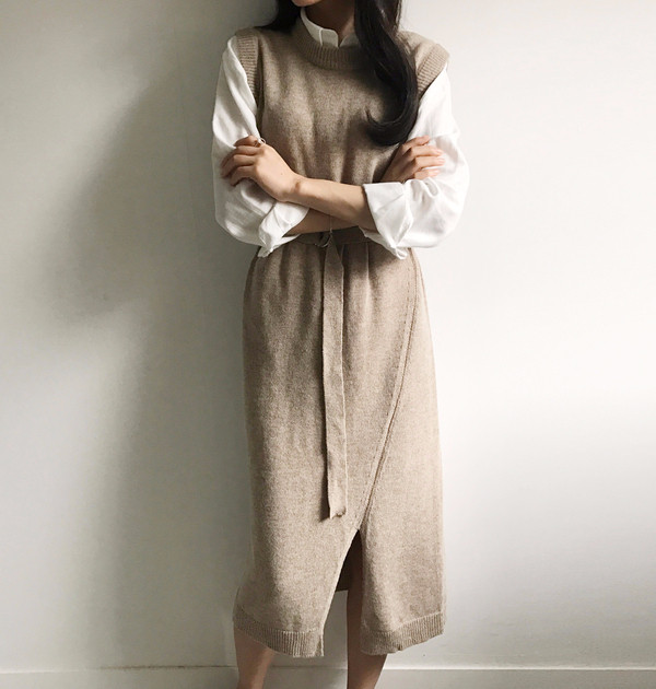 din Dean Round Neck Slit Long Knit Dress Natural F