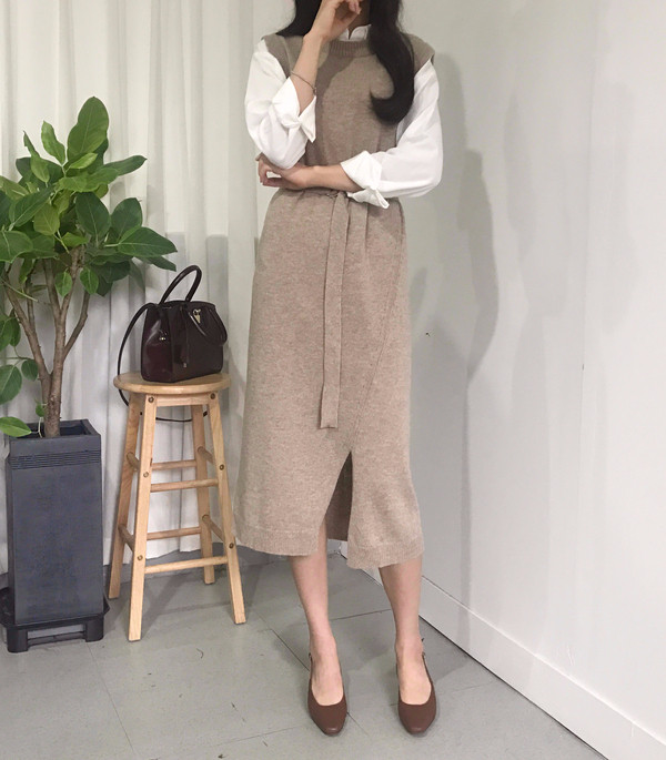 din Dean Round Neck Slit Long Knit Dress Natural F