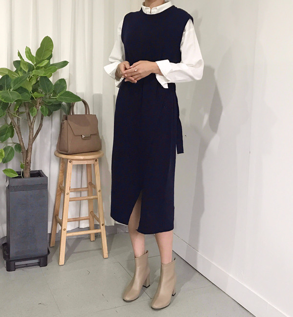 din Dean Round Neck Slit Long Knit Dress Natural F