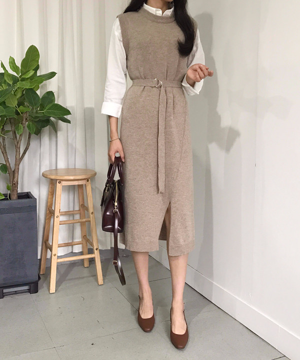 din Dean Round Neck Slit Long Knit Dress Natural F