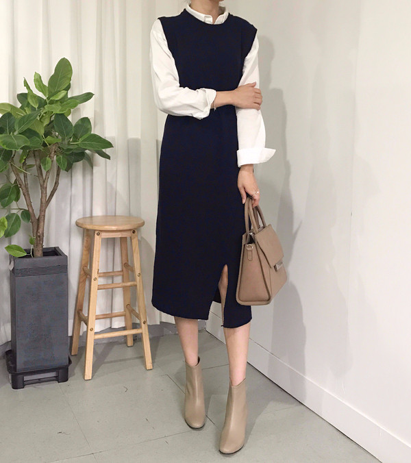 din Dean Round Neck Slit Long Knit Dress Natural F