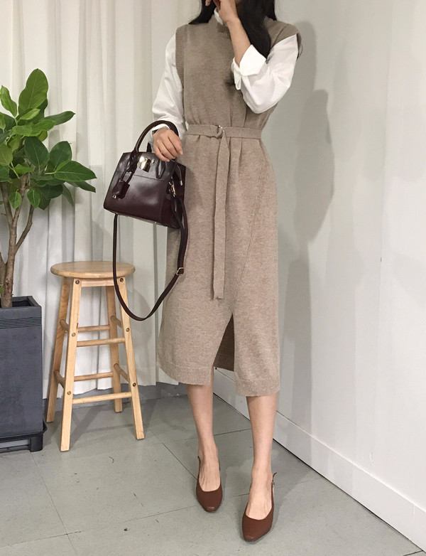 din Dean Round Neck Slit Long Knit Dress Natural F