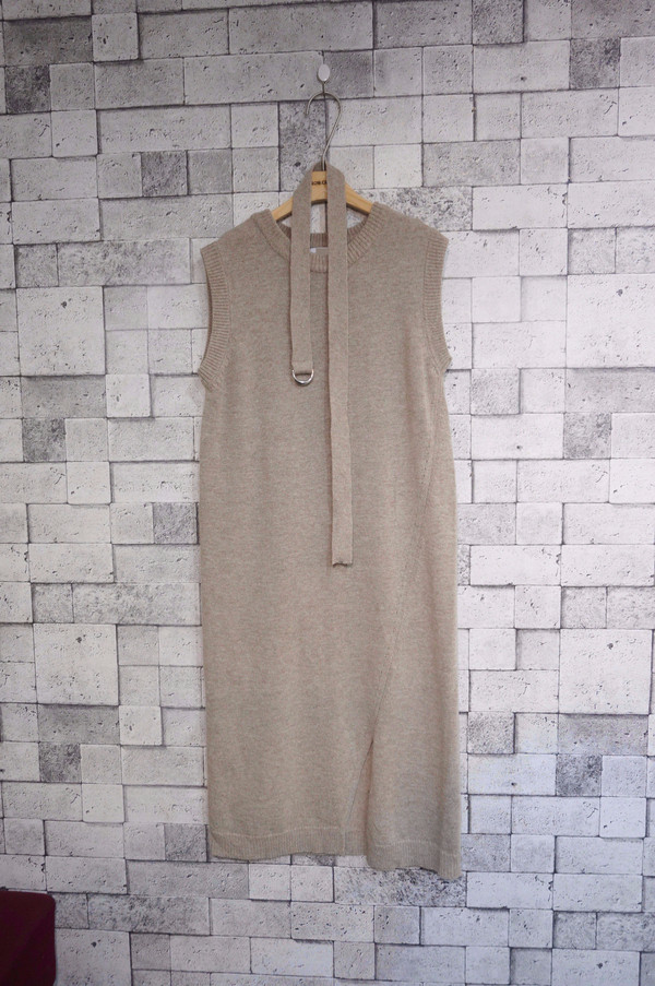 din Dean Round Neck Slit Long Knit Dress Natural F