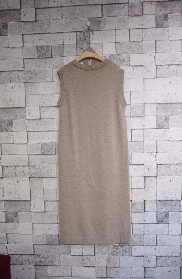 din Dean Round Neck Slit Long Knit Dress Natural F