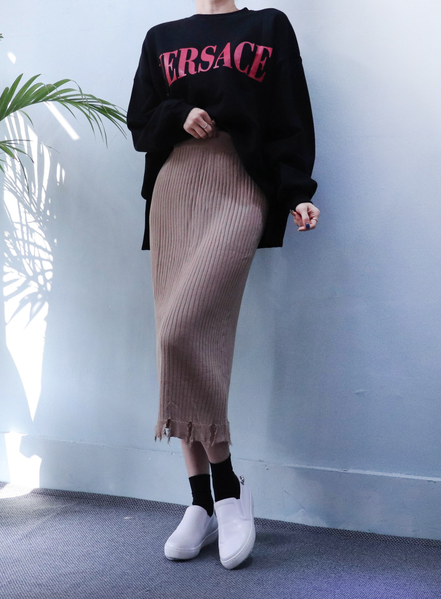 Vintage long knit skirt 2col modern basic design n