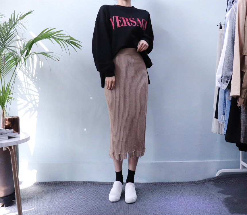 Vintage long knit skirt 2col modern basic design n