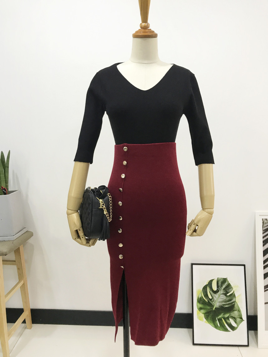 Long-sleeved knit long skirt 44-77 High-waisted H 