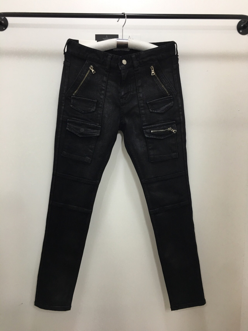 Korea Jeans Pants Pocket Patch Wax Coated Span Sli