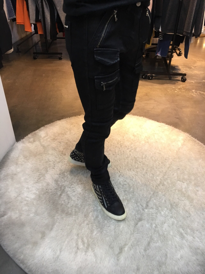 Korea Jeans Pants Pocket Patch Wax Coated Span Sli