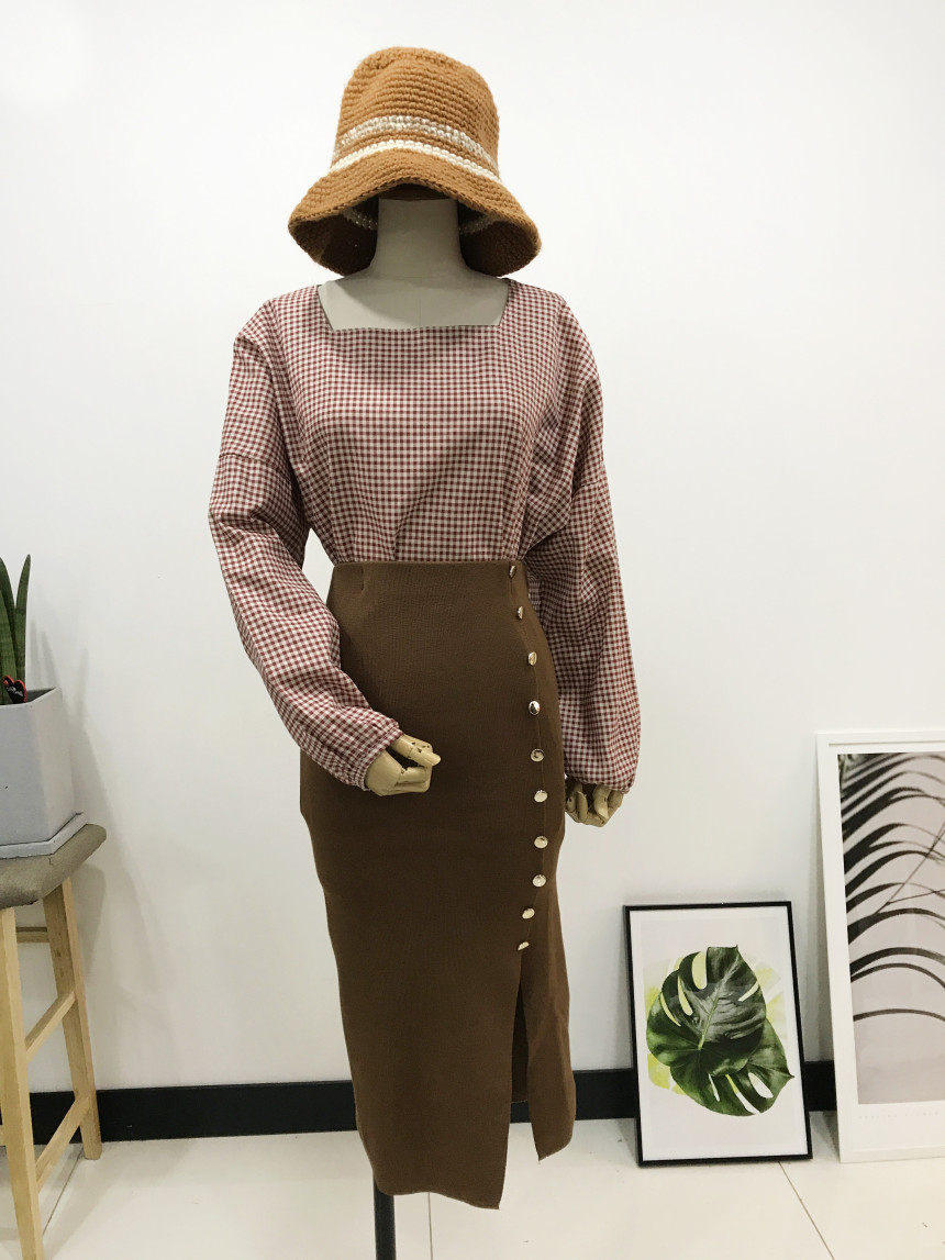 Long-sleeved knit long skirt 44-77 High-waisted H 