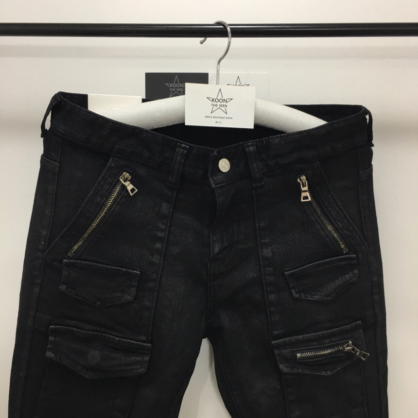 Korea Jeans Pants Pocket Patch Wax Coated Span Sli