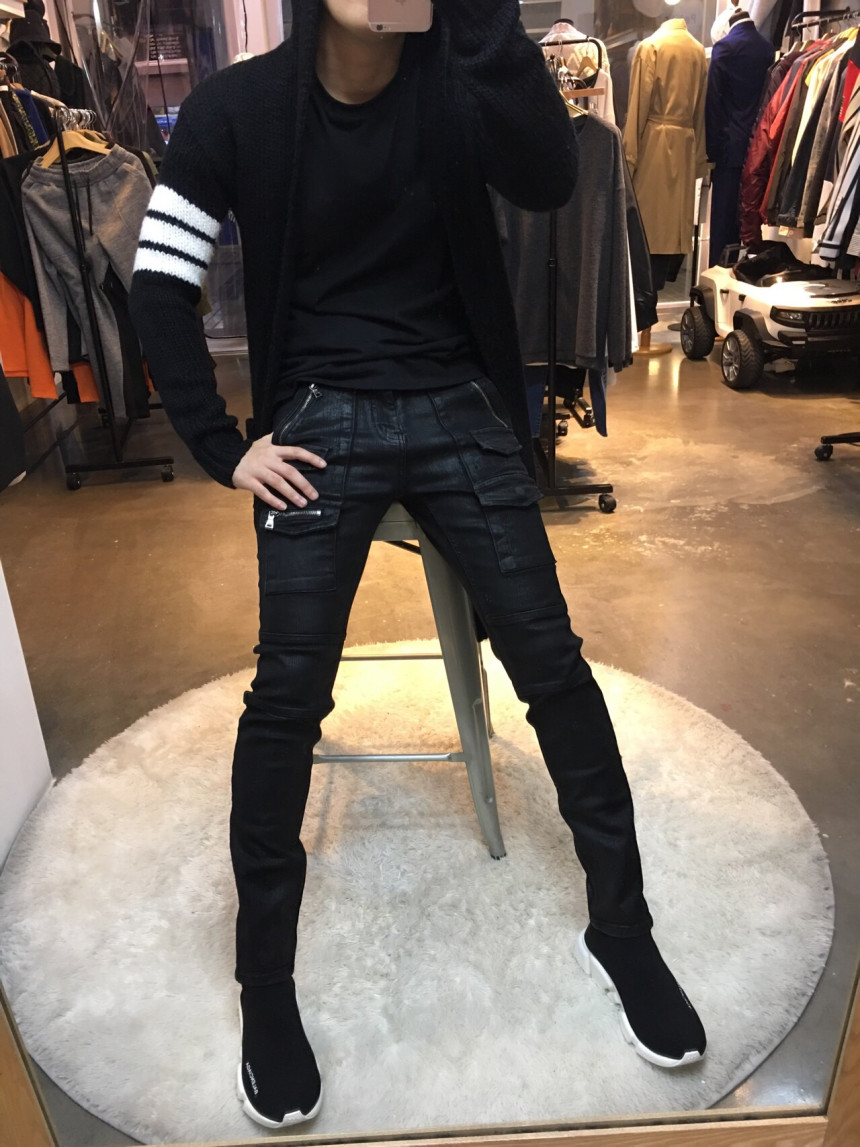 Korea Jeans Pants Pocket Patch Wax Coated Span Sli