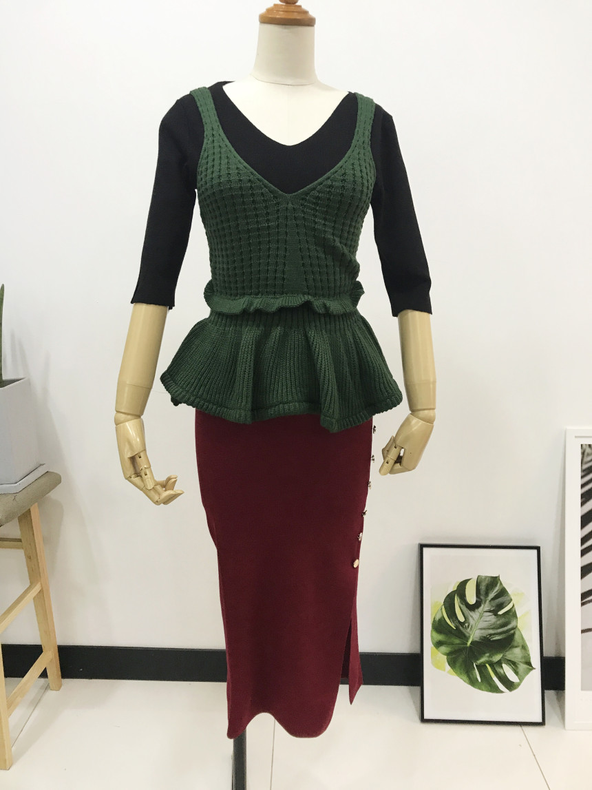 Long-sleeved knit long skirt 44-77 High-waisted H 