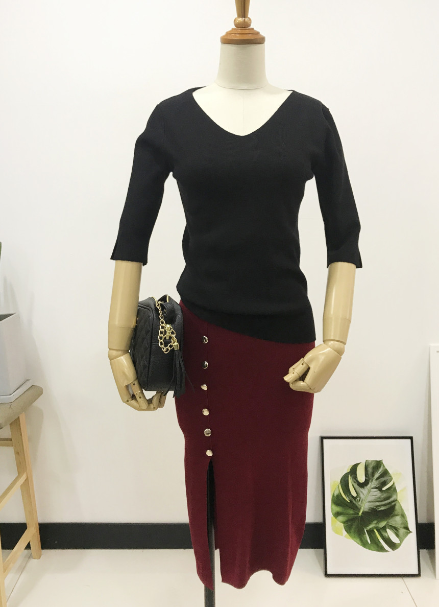 Long-sleeved knit long skirt 44-77 High-waisted H 