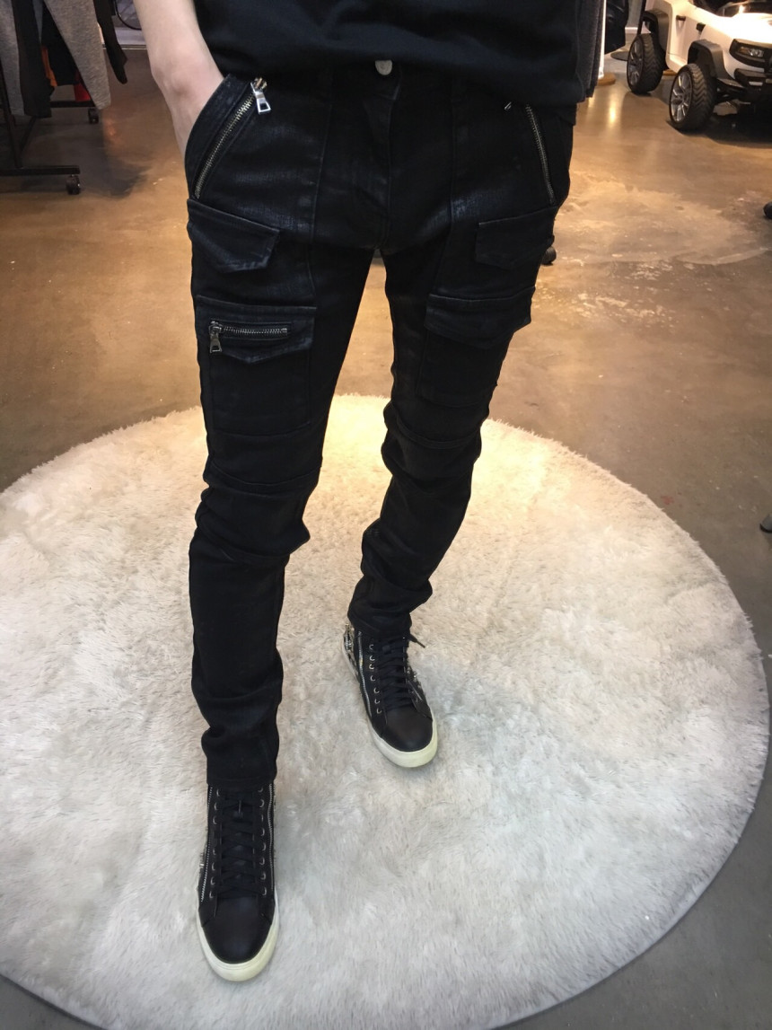Korea Jeans Pants Pocket Patch Wax Coated Span Sli