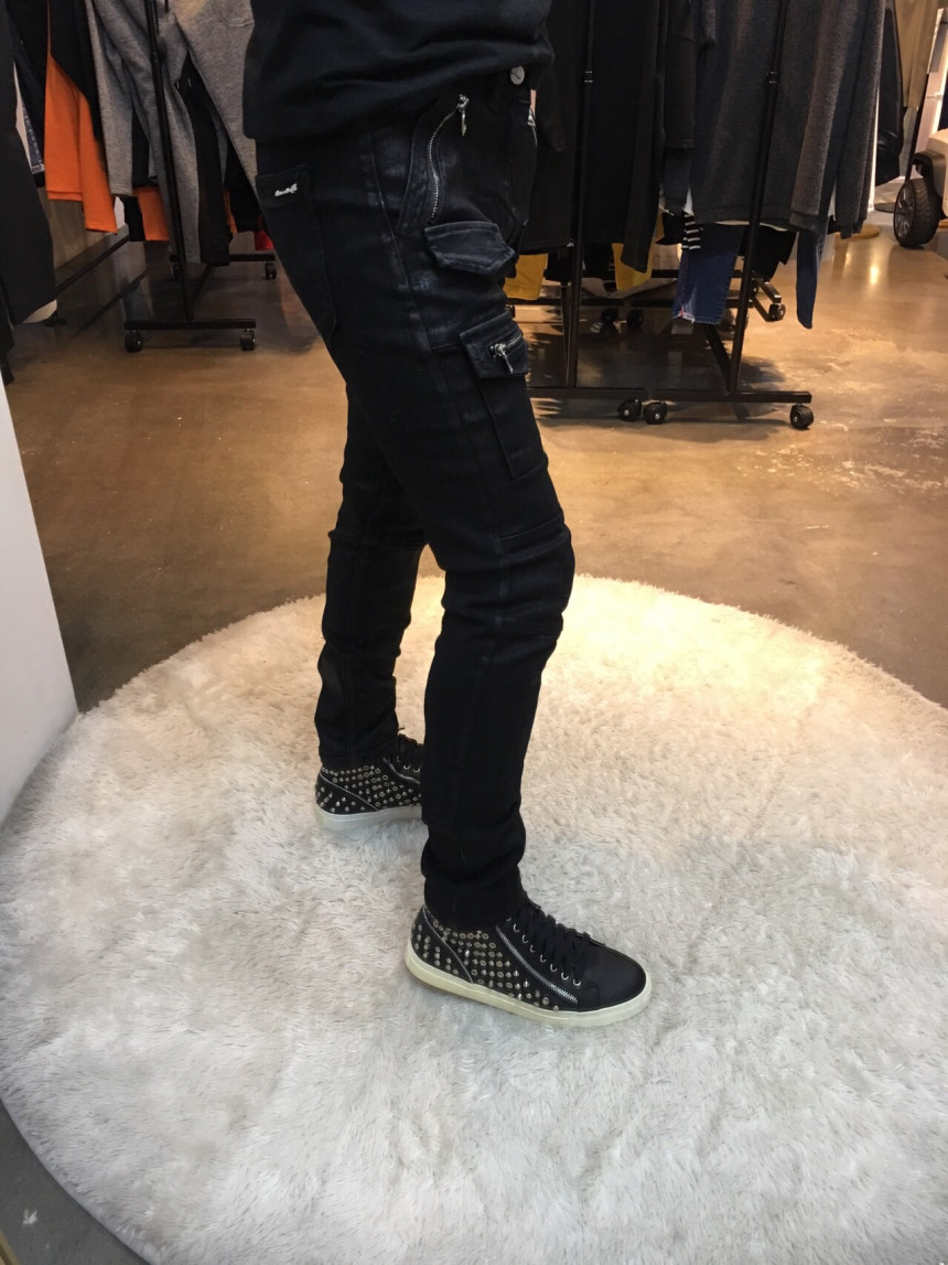 Korea Jeans Pants Pocket Patch Wax Coated Span Sli