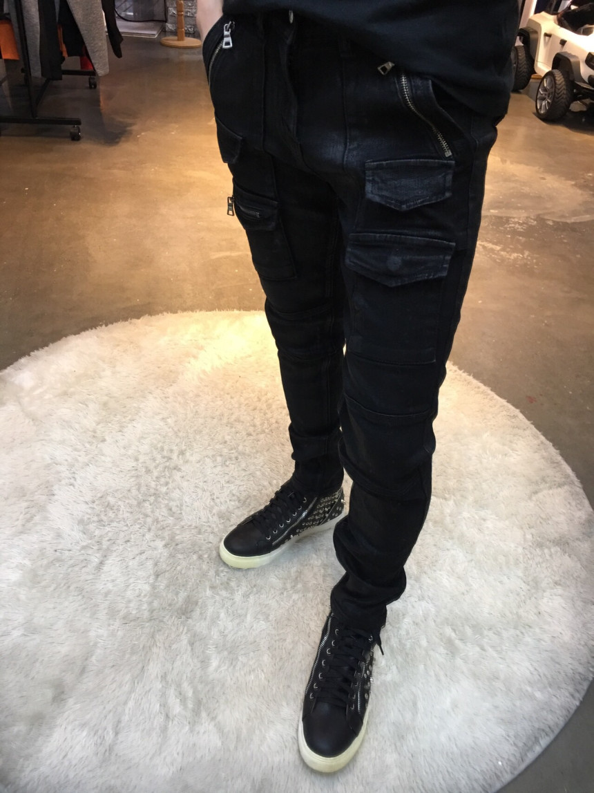 Korea Jeans Pants Pocket Patch Wax Coated Span Sli