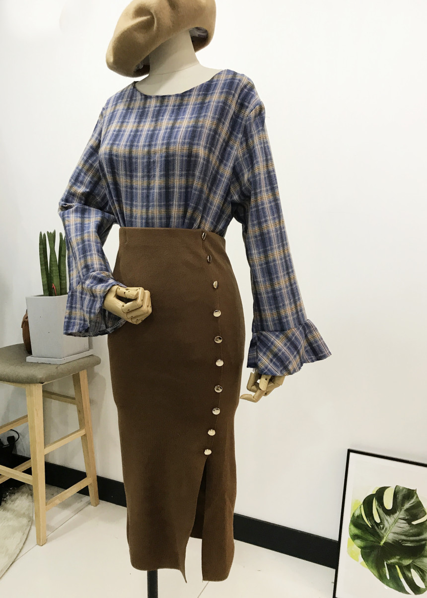 Long-sleeved knit long skirt 44-77 High-waisted H 