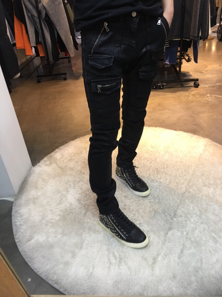Korea Jeans Pants Pocket Patch Wax Coated Span Sli