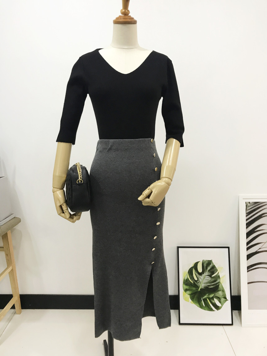 Long-sleeved knit long skirt 44-77 High-waisted H 