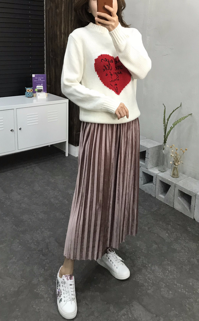 Velvet bending pleats long skirt 4 color 30s women
