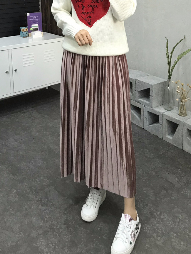 Velvet bending pleats long skirt 4 color 30s women
