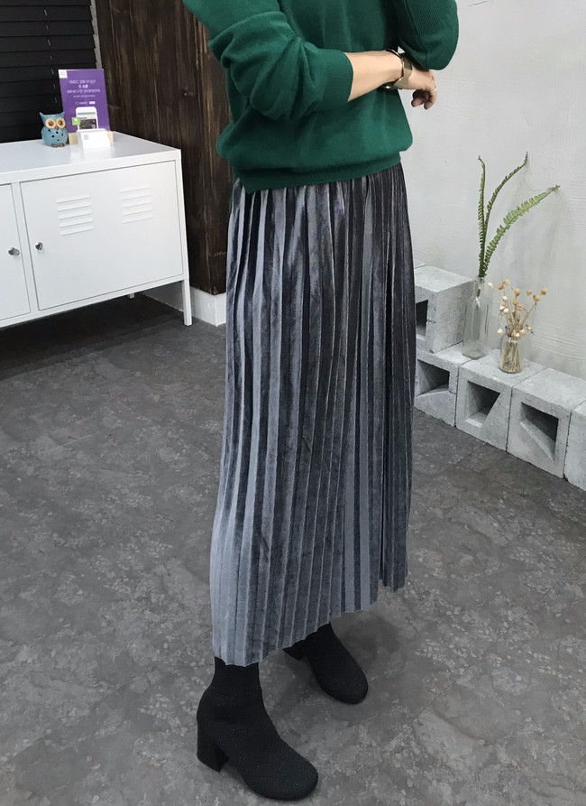 Velvet bending pleats long skirt 4 color 30s women