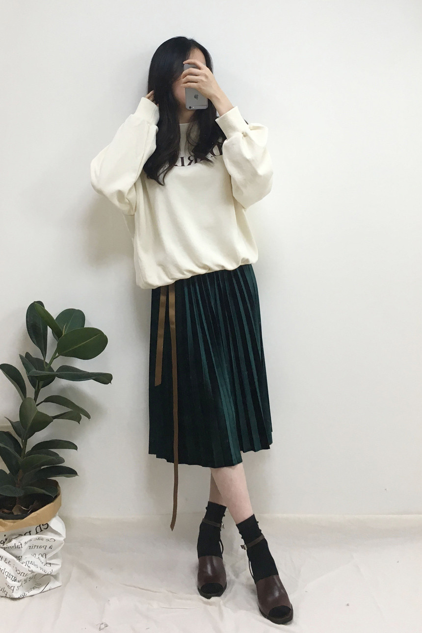 Velvet Pleated Long Skirt Autumn Banding A-Line Pl