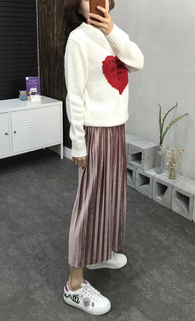 Velvet bending pleats long skirt 4 color 30s women