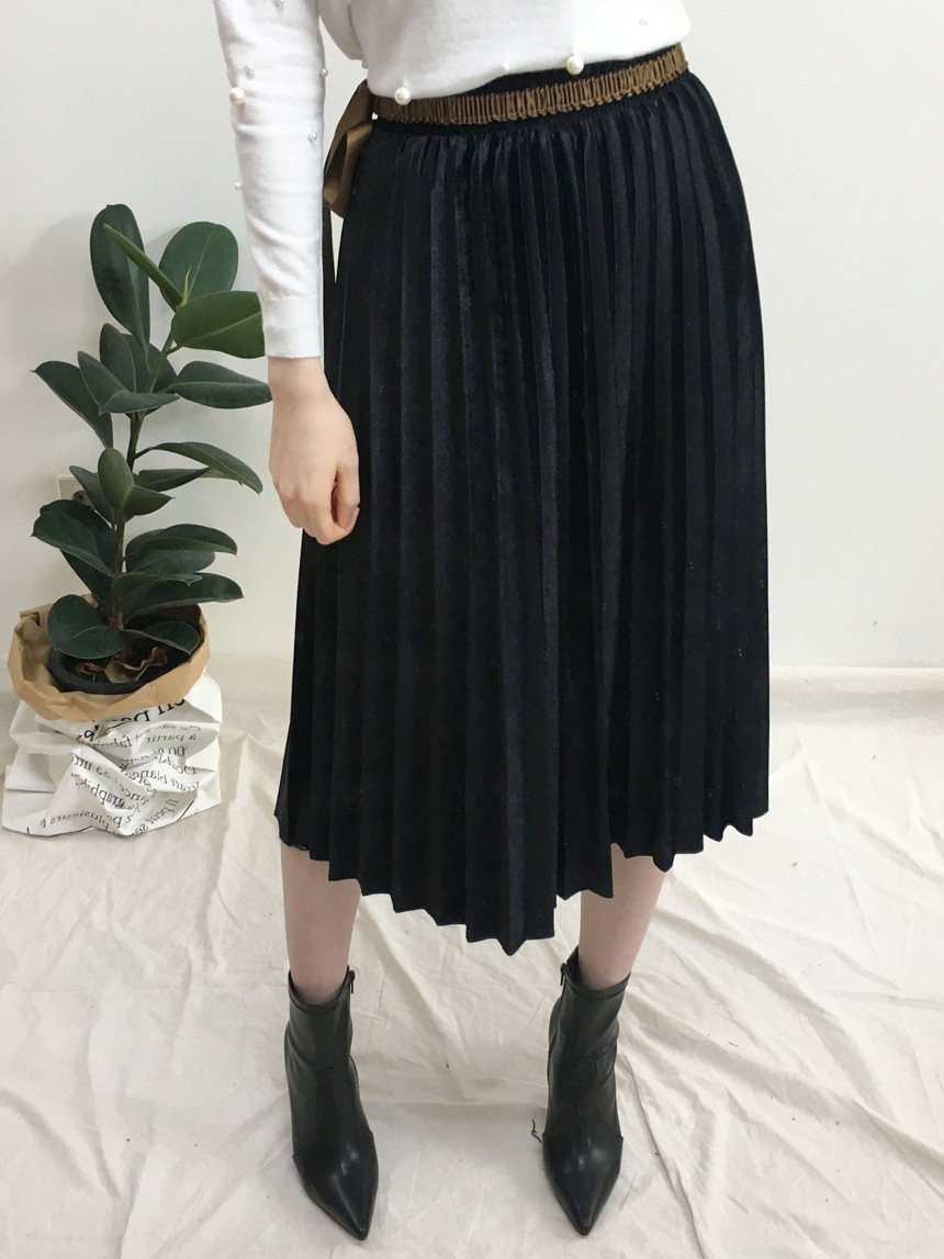 Velvet Pleated Long Skirt Autumn Banding A-Line Pl