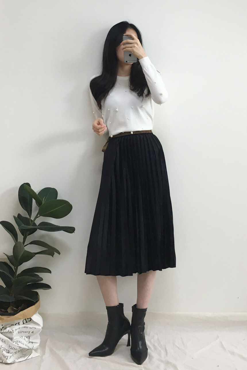 Velvet Pleated Long Skirt Autumn Banding A-Line Pl