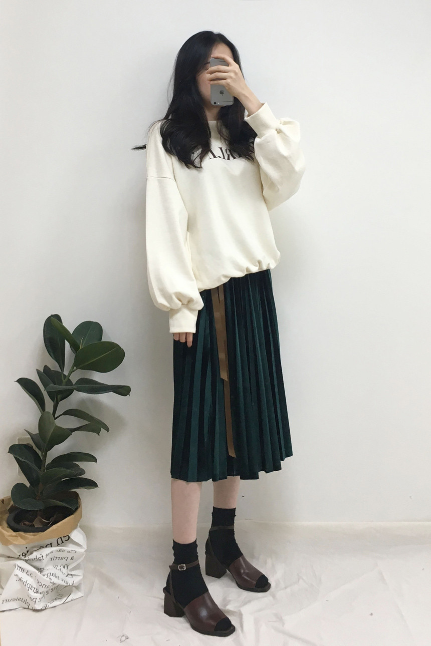 Velvet Pleated Long Skirt Autumn Banding A-Line Pl